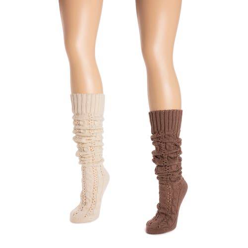 Muk Luks Slouch Knit Cable Socks 2 Pair Pack In Brown