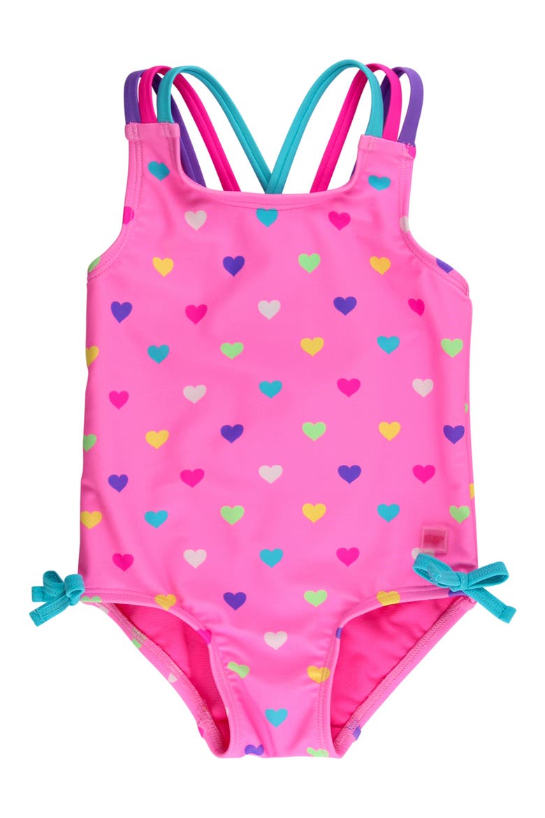 Kids' Colorful Heart Strappy UPF 50+ One-Piece Swimsuit, Main, color, PINK