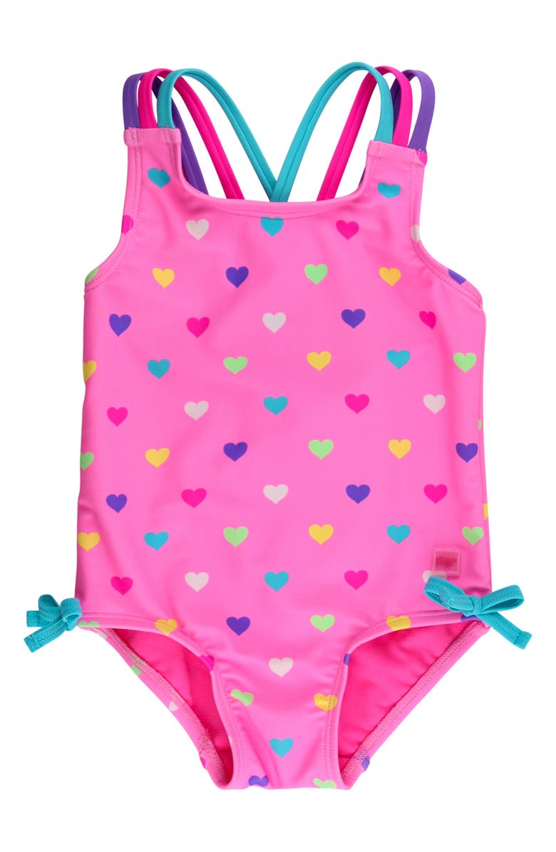 RuffleButts Kids' Colorful Heart Strappy UPF 50+ One-Piece Swimsuit, Main, color, Pink
