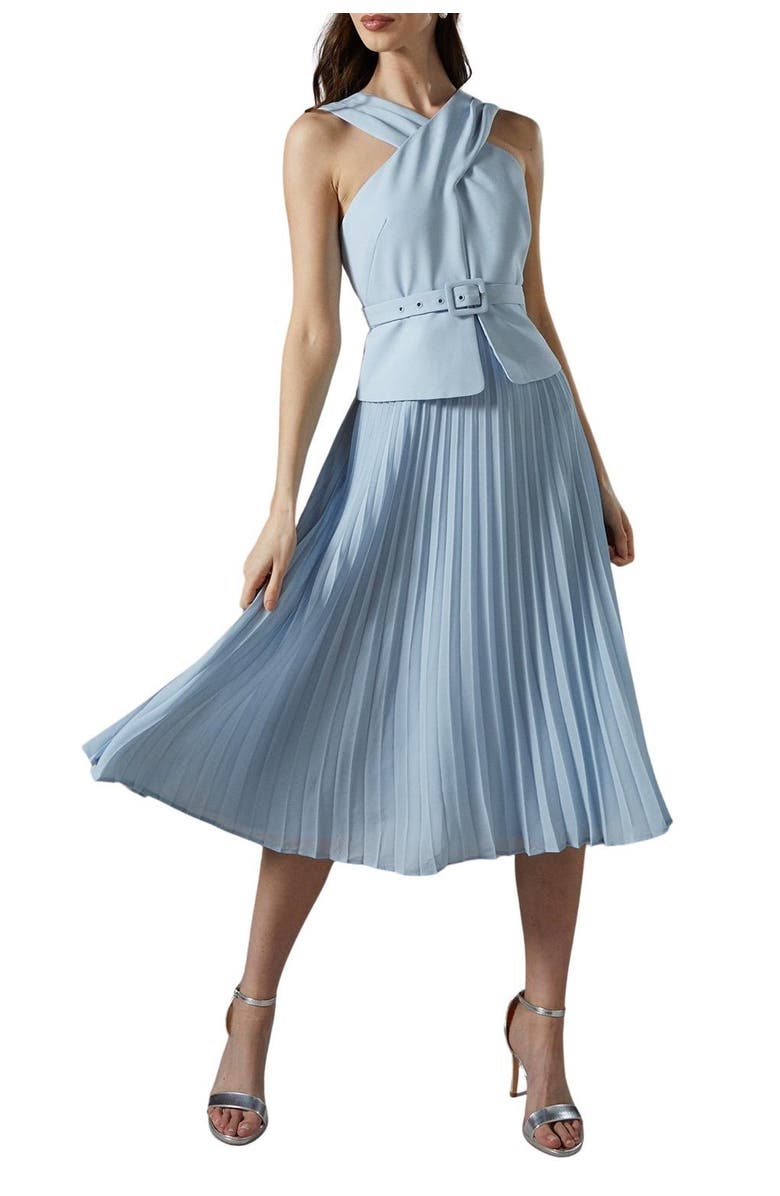 Coast Petite Cross Over Pleated Midi Dress, Alternate, color, Light Blue