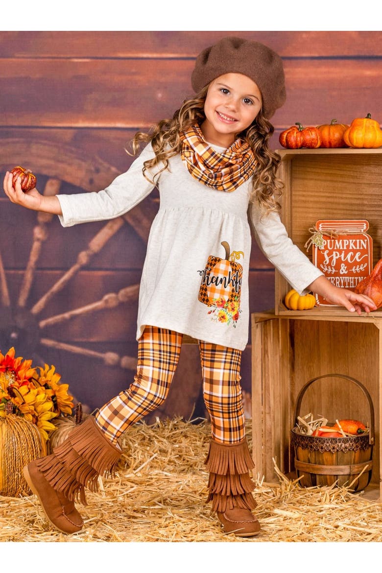 Thankful Pumpkin Tunic, Plaid Leggings And Scarf Set, Alternate, color, Orange