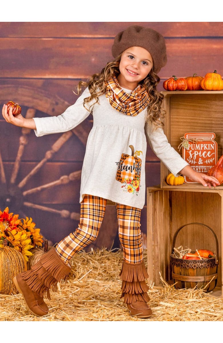 Mia Belle Girls Thankful Pumpkin Tunic, Plaid Leggings And Scarf Set, Alternate, color, Orange
