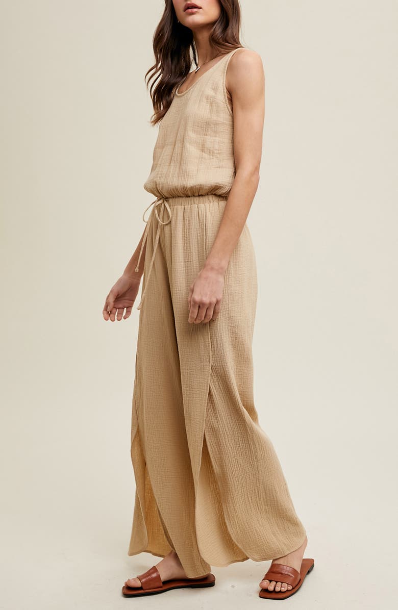 WISHLIST Cotton Gauze Slit Wide Leg Jumpsuit, Alternate, color, Natural