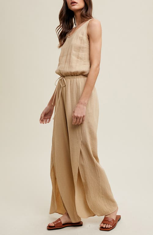 Wishlist Cotton Gauze Slit Wide Leg Jumpsuit In Neutral