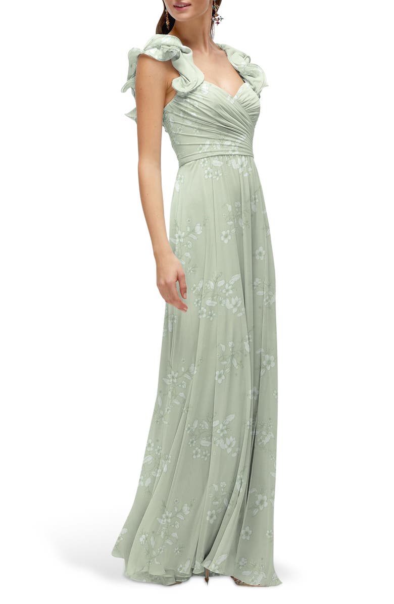 After Six Ruffle Strap Gown, Main, color, Vintage Primrose Sage