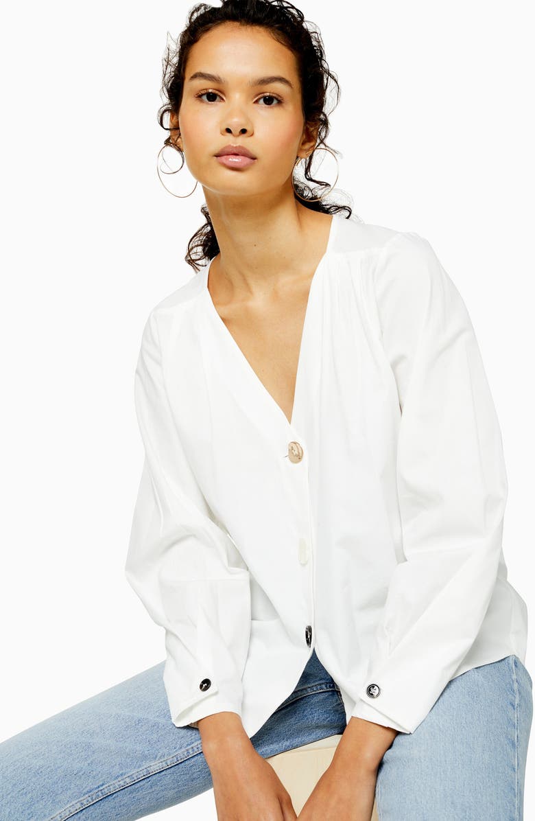 Topshop Mix Pleat Button Top, Alternate, color, Ivory