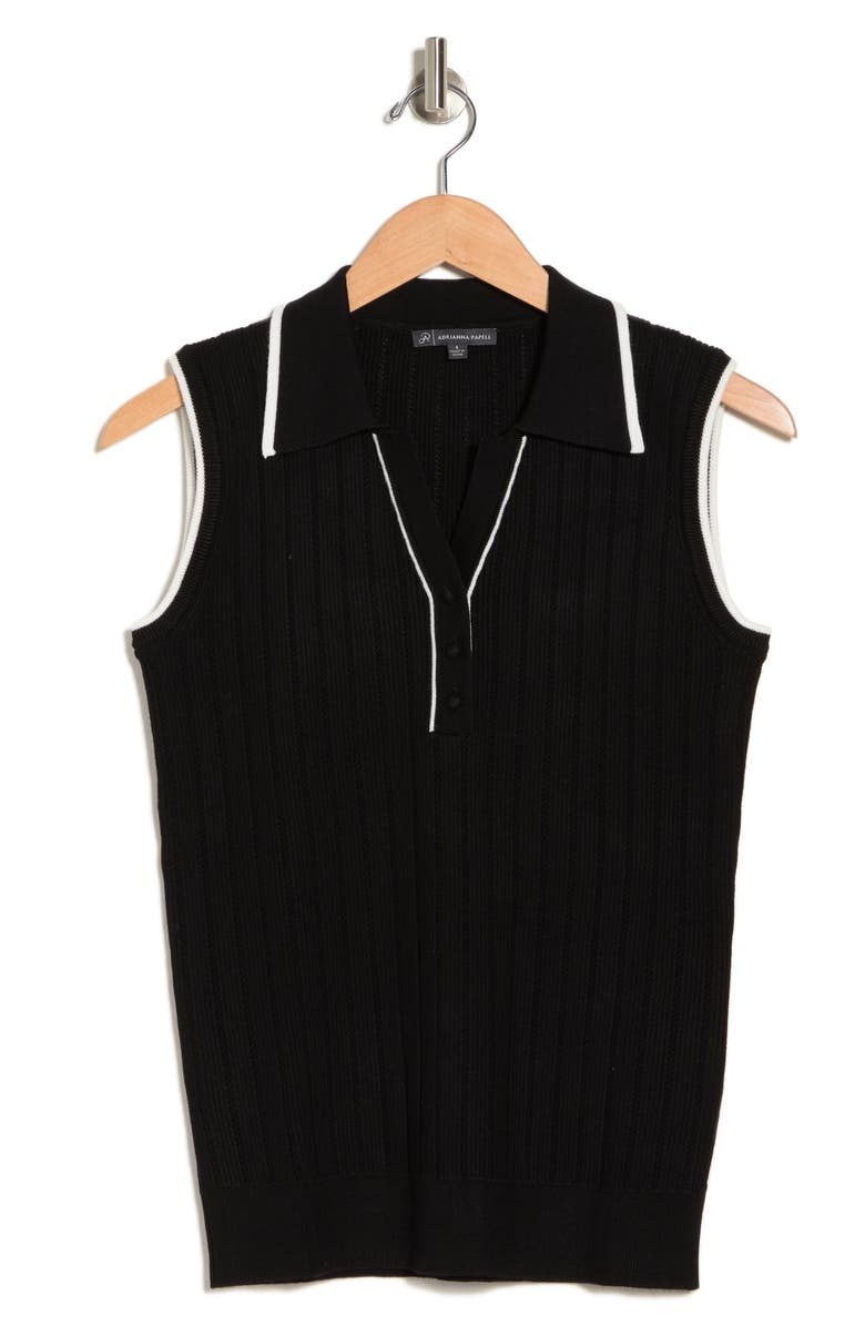 Adrianna Papell Tipped Sleeveless Polo Sweater, Alternate, color, Black/Ivory