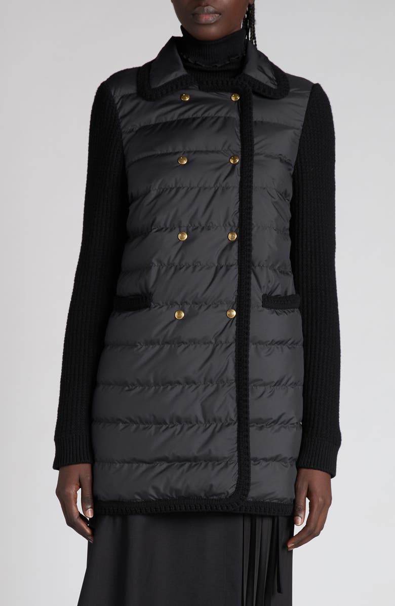 Moncler Double Breasted Knit 
Quilted Down Longline Cardigan, Main, color, Black