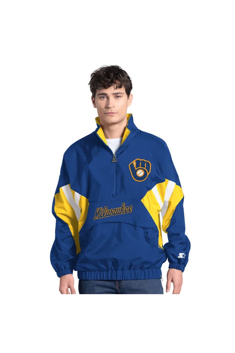 Men's Starter  Royal Milwaukee Brewers Cooperstown Chief Half-Zip Pullover, Alternate, color, Royal
