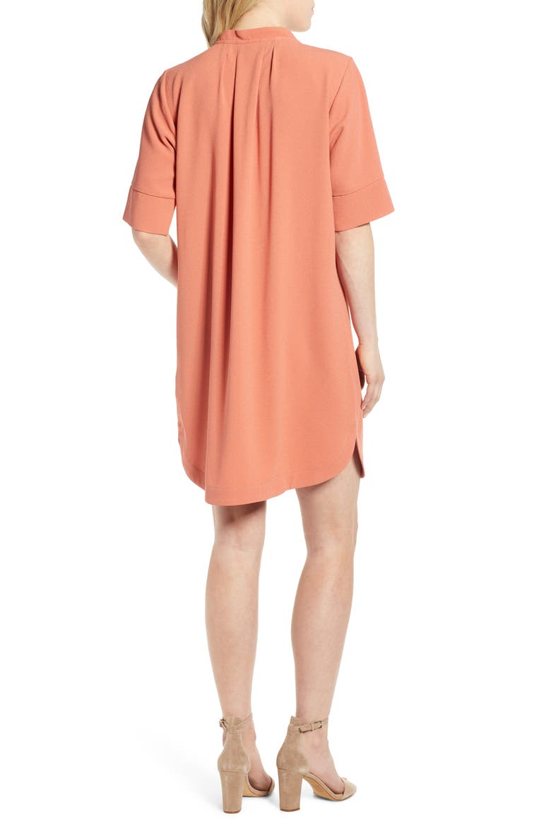 Pleat Front Curved Hem Shirtdress, Alternate, color, CORAL APRICOT