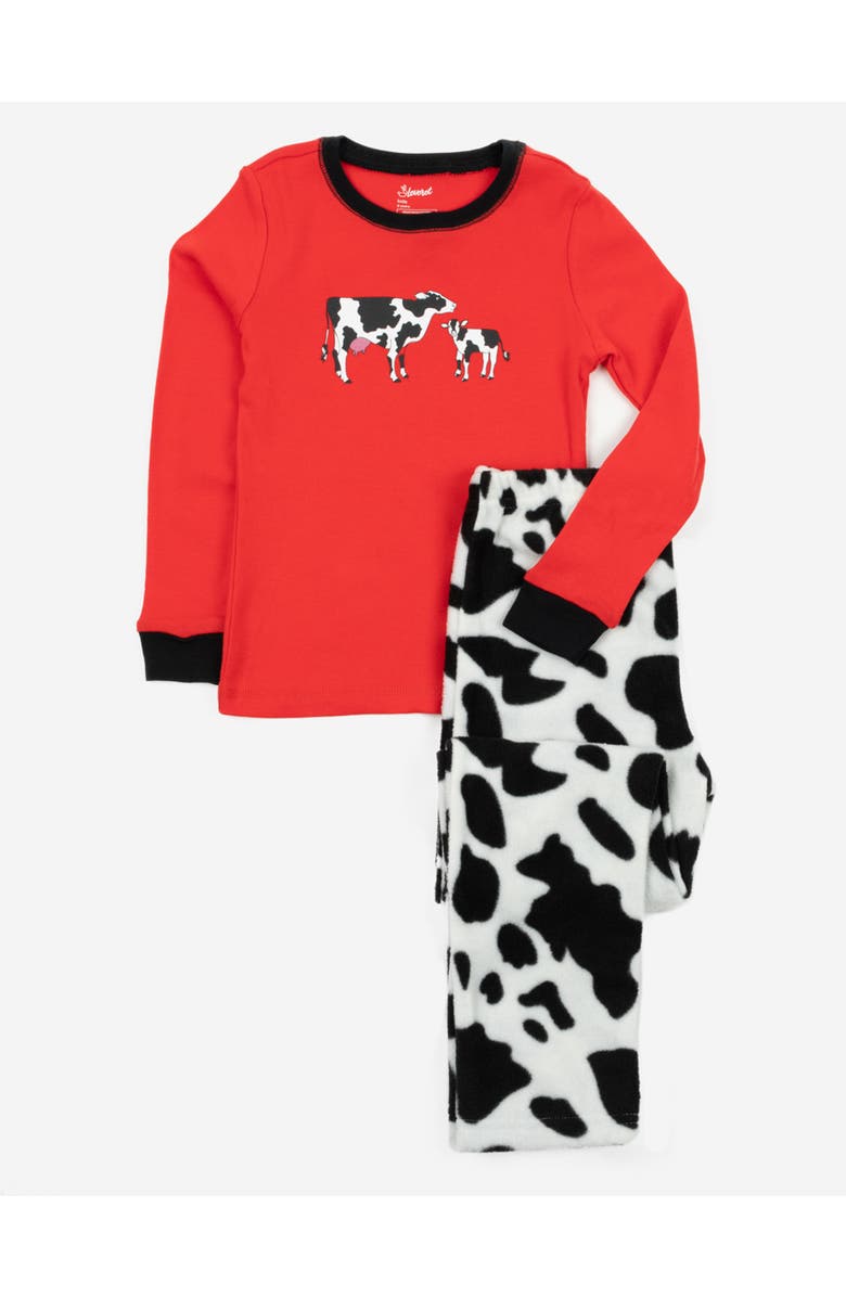 Leveret Kids Cotton Top & Fleece Pants Printed Matching Family Holiday Pajamas, Main, color, Cow