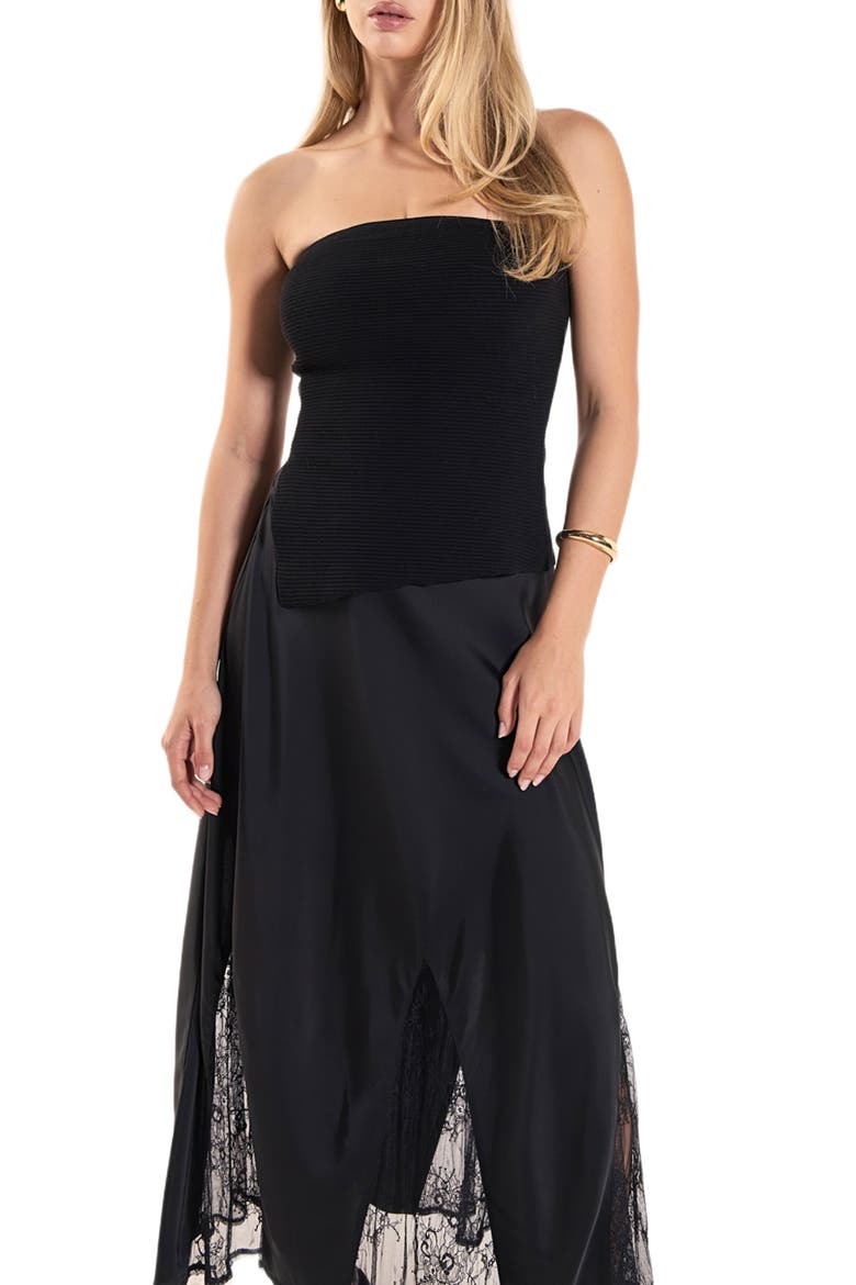 Lace Trim Satin Midi Skirt, Alternate, color, BLACK