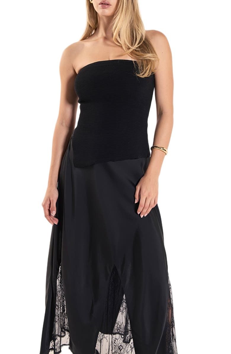 Endless Rose Lace Trim Satin Midi Skirt, Alternate, color, Black