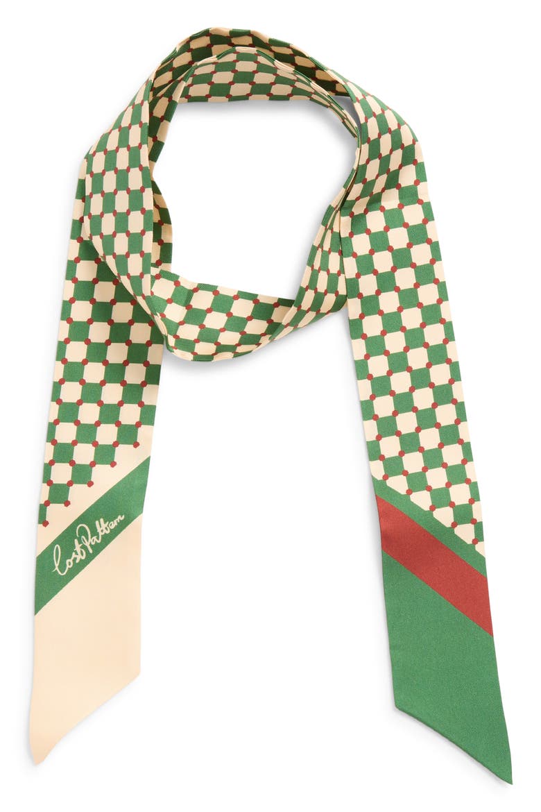Checkerboard Skinny Silk Scarf, Alternate, color, GREEN