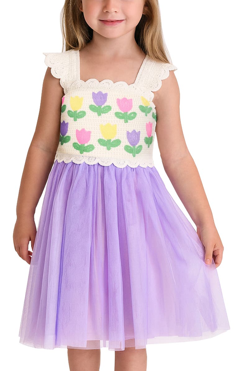 Zunie Kids' Tulip Crochet Dress, Alternate, color, Ivory/ Purple