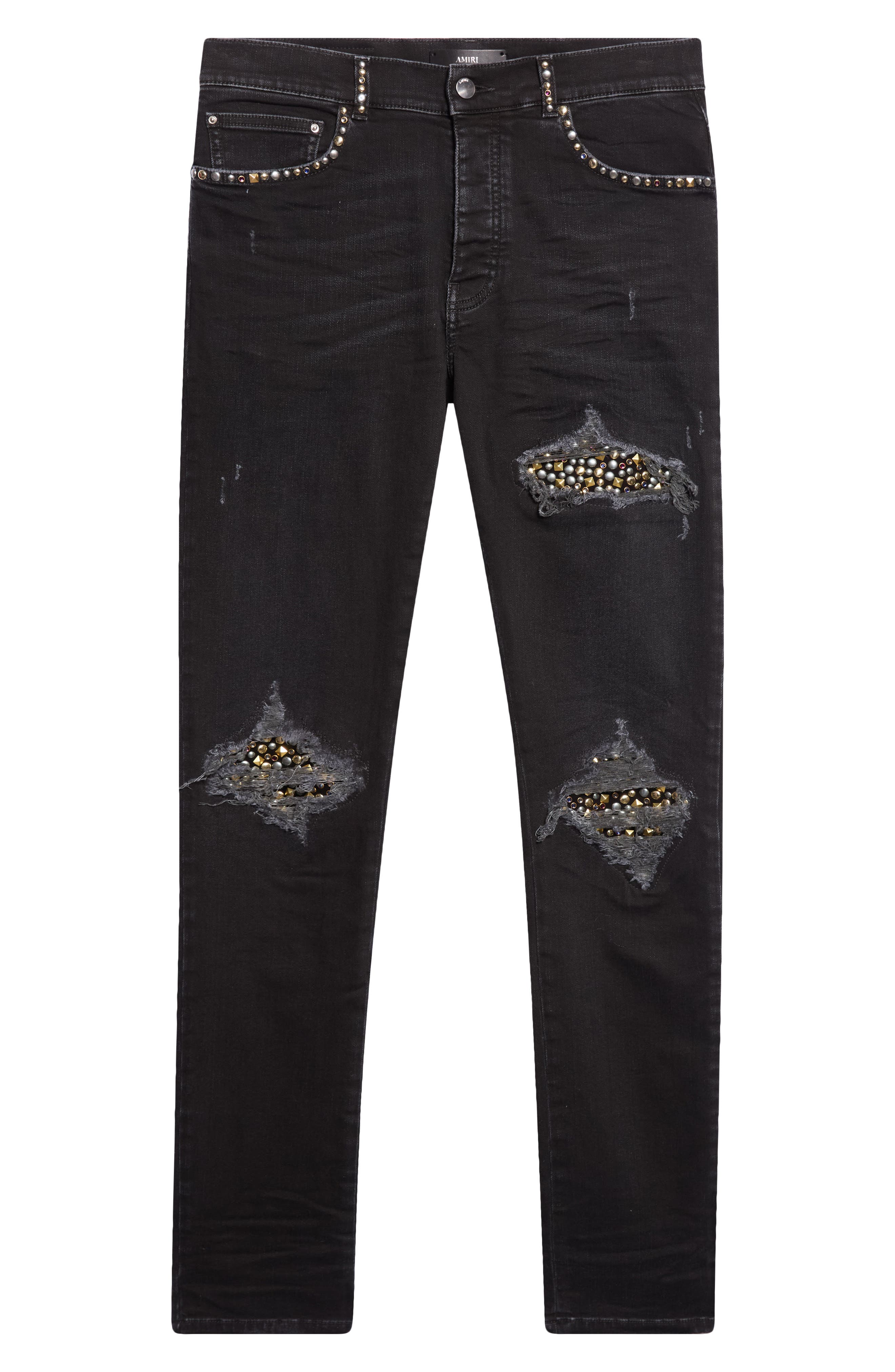 ◆ami9622◆ AMIRI MX1 Studded Patch Ripped Skinny Jeans (Men) | Nordstrom