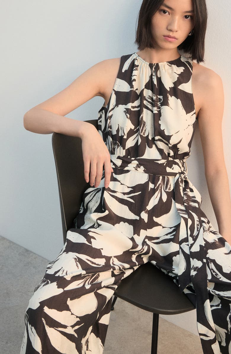 MANGO Wide Leg Floral Crop Jumpsuit, Main, color, Chocolate