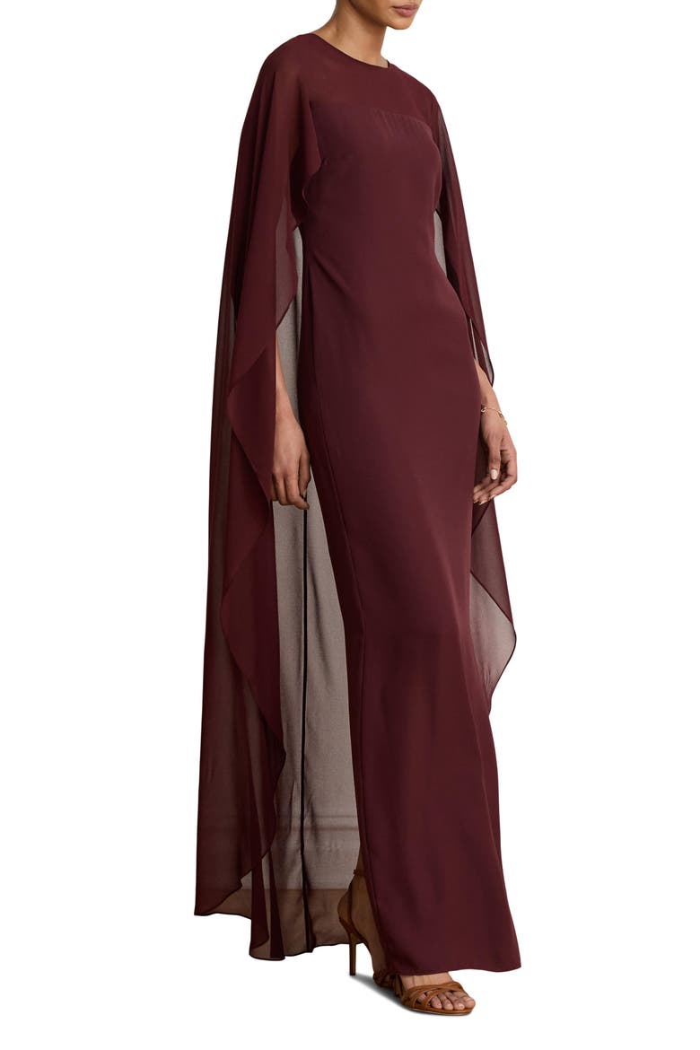 Cape Detail Triple Georgette Gown, Main, color, DARK GARNET BURGUNDY