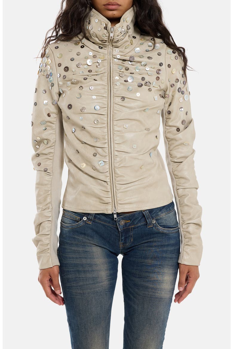 Button-Decorated Faux Leather Fitted Jacket, Main, color, BEIGE