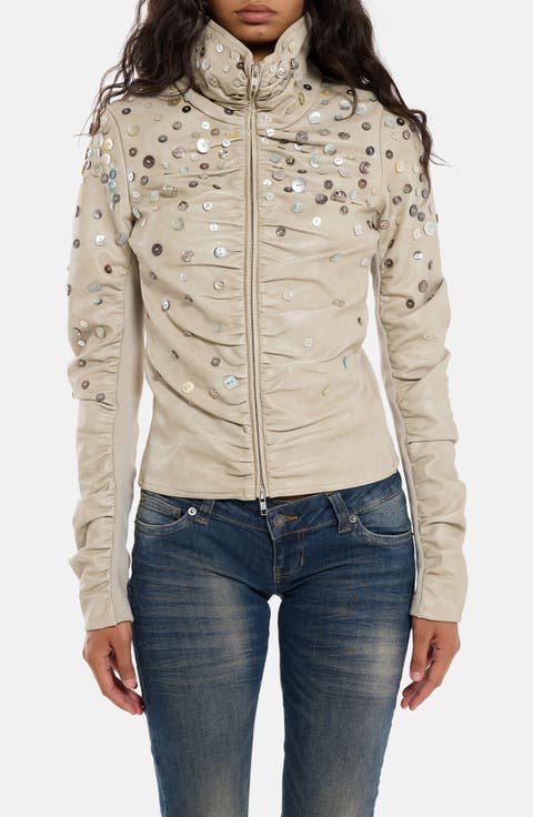 Button-Decorated Faux Leather Fitted Jacket
