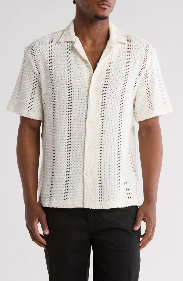 DENIM AND FLOWER Textured Woven Button Front Shirt, Main, color, White