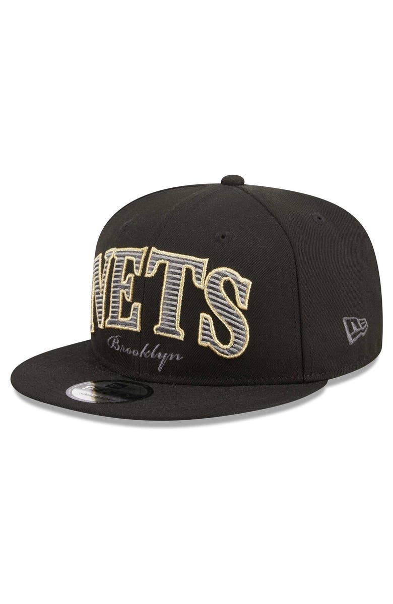 New Era Men's New Era Black Brooklyn Nets Golden Tall Text 9FIFTY Snapback Hat, Alternate, color, Black
