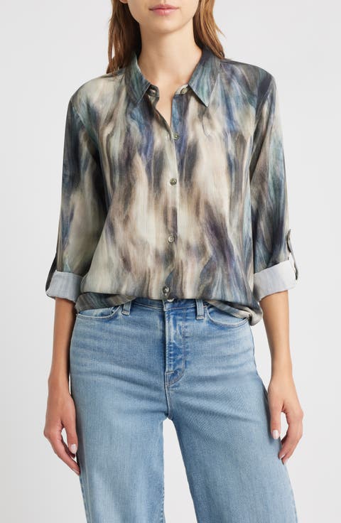 Print Roll Tab Sleeve Chiffon Button-Up Shirt