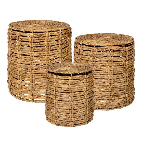 Zaria 18" Coastal Bohemian Handwoven Water Hyacinth Nesting Round Accent Table (Set 3)