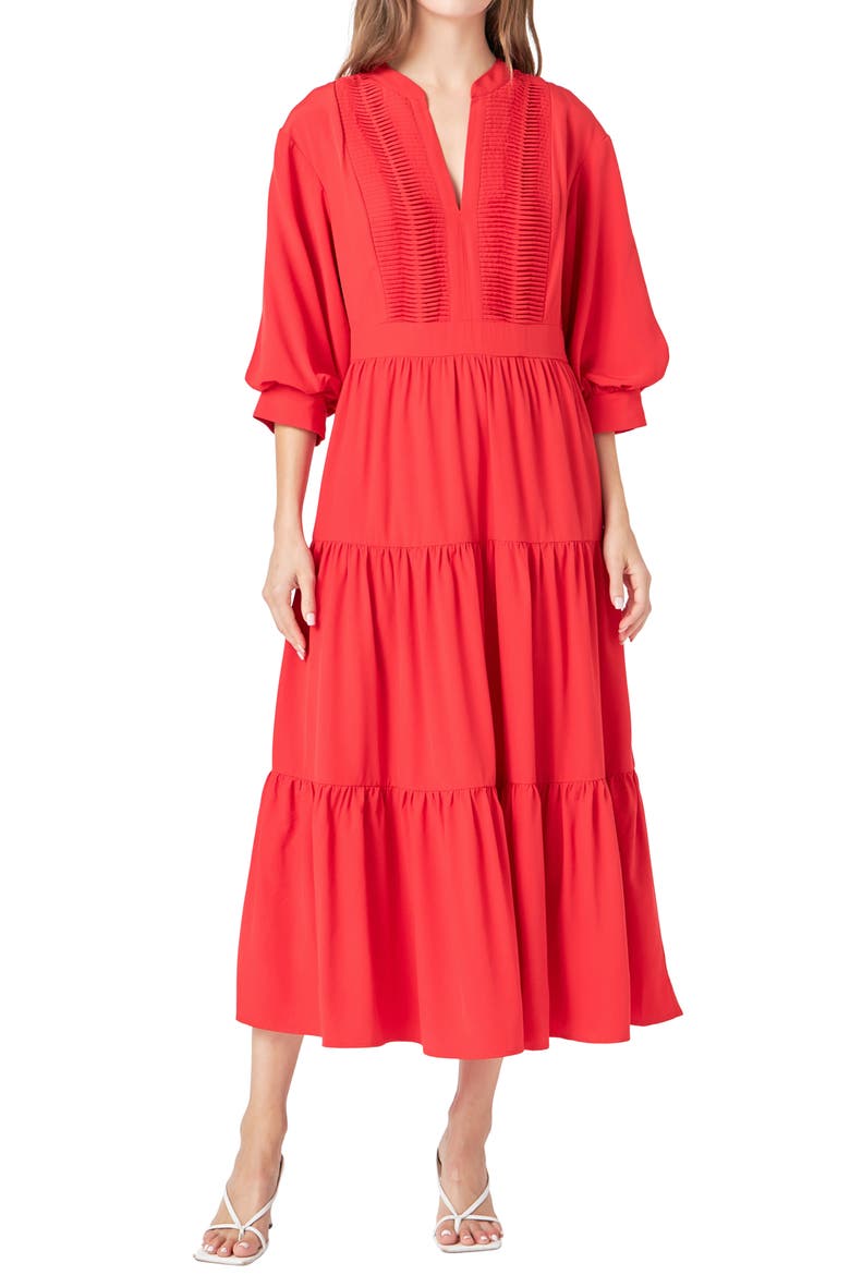 Pintuck Three-Quarter Sleeve Midi Dress, Alternate, color, RED