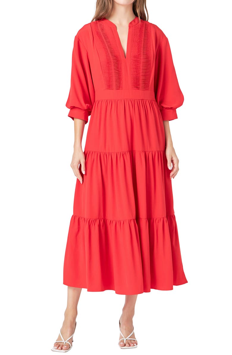 Endless Rose Pintuck Three-Quarter Sleeve Midi Dress, Alternate, color, Red