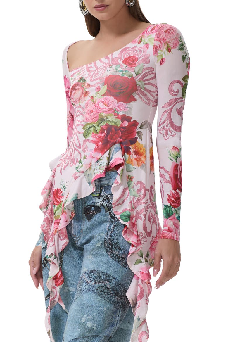 Doris Ruffle Asymmetric Mesh Top, Alternate, color, WING ROSE