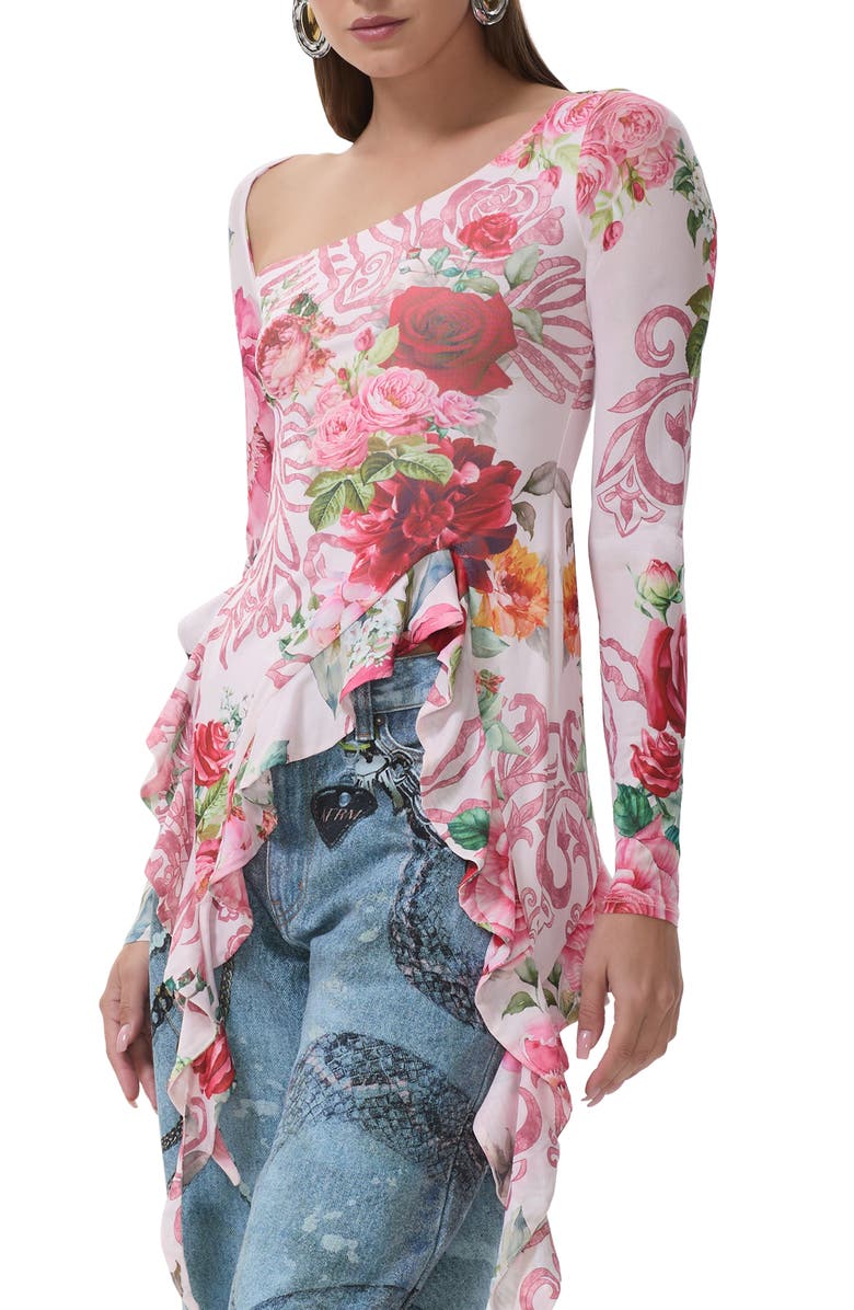 AFRM Doris Ruffle Asymmetric Mesh Top, Alternate, color, Wing Rose