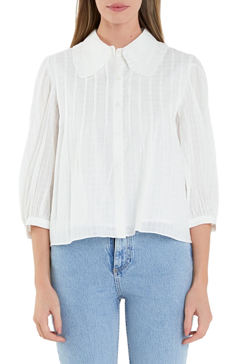 English Factory Ruffle Collar Cotton Blend Button-Up Shirt, Main, color,