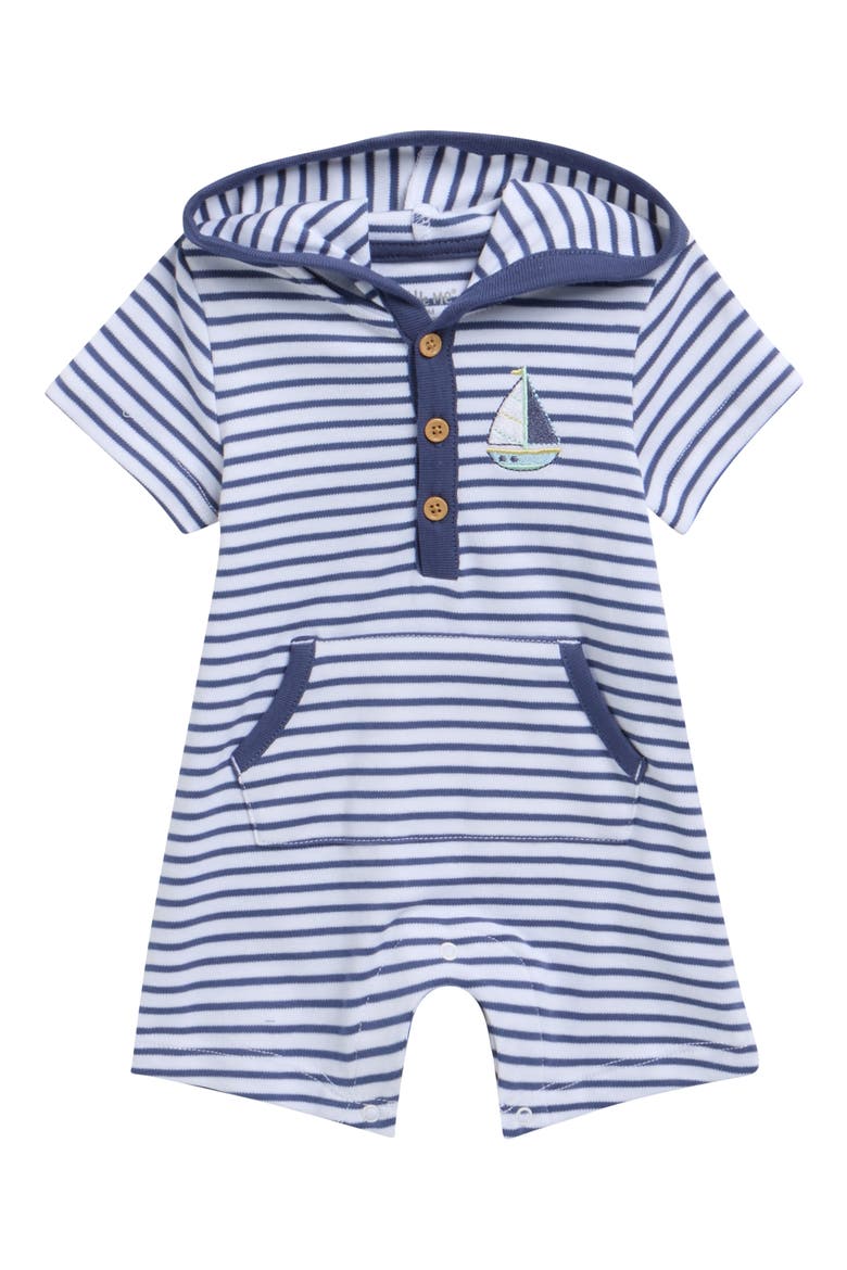 Sailing Stripe Hooded Cotton Romper, Main, color, BLUE STRIPE