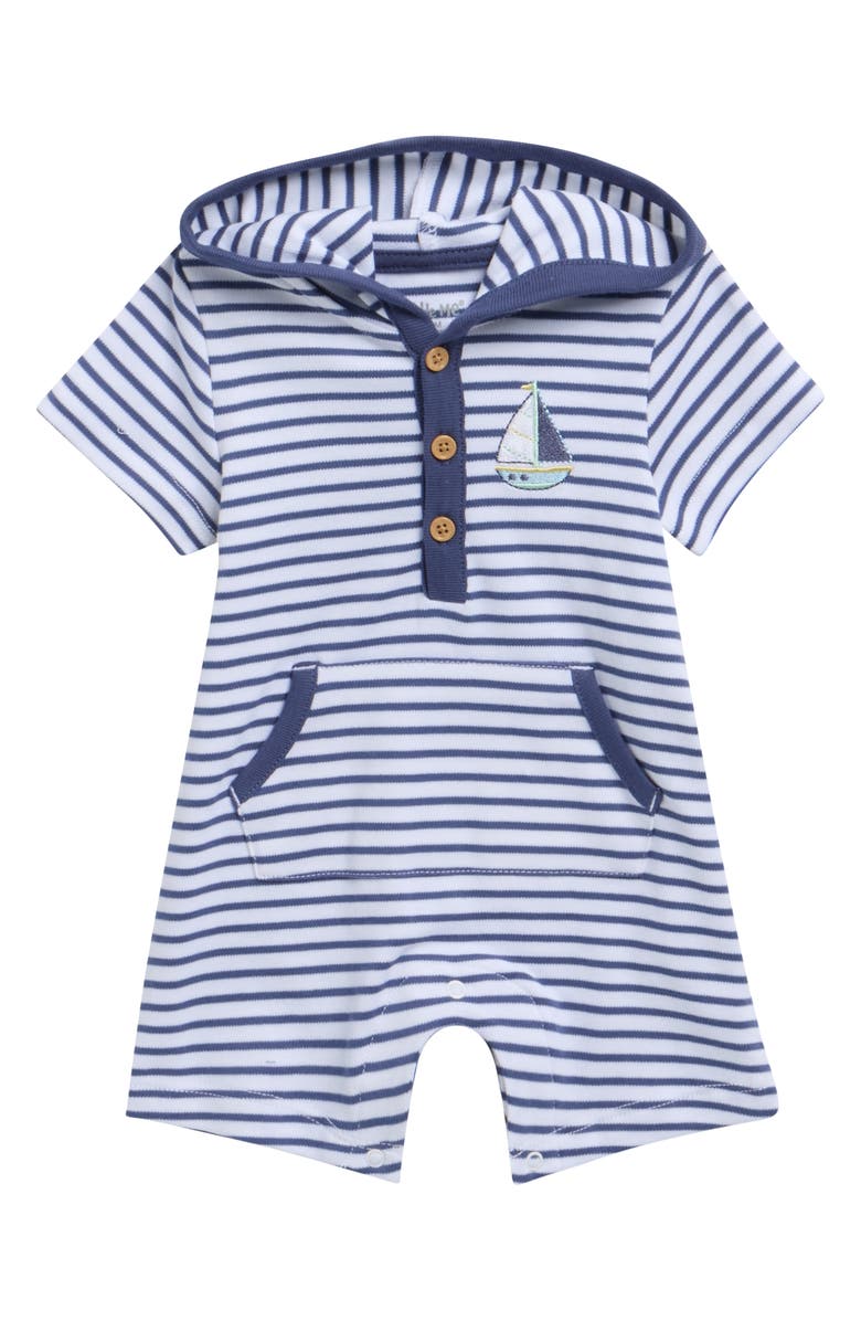 Little Me Sailing Stripe Hooded Cotton Romper, Main, color, Blue Stripe