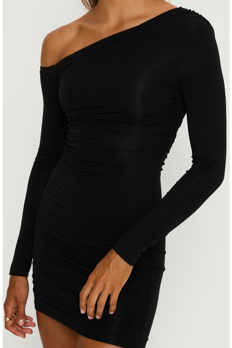 Beller Ruched Long Sleeve Minidress, Alternate, color, BLACK