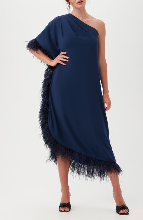 Largo One-Shoulder Feather Trim Caftan Maxi Dress