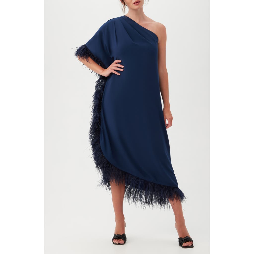 Trina Turk Largo One-shoulder Feather Trim Caftan Maxi Dress
