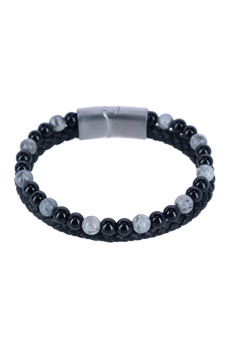 Trafalgar Loose Fit Thurgood Beaded and Braided Leather Secure Clasp Bracelet, Main, color, Black