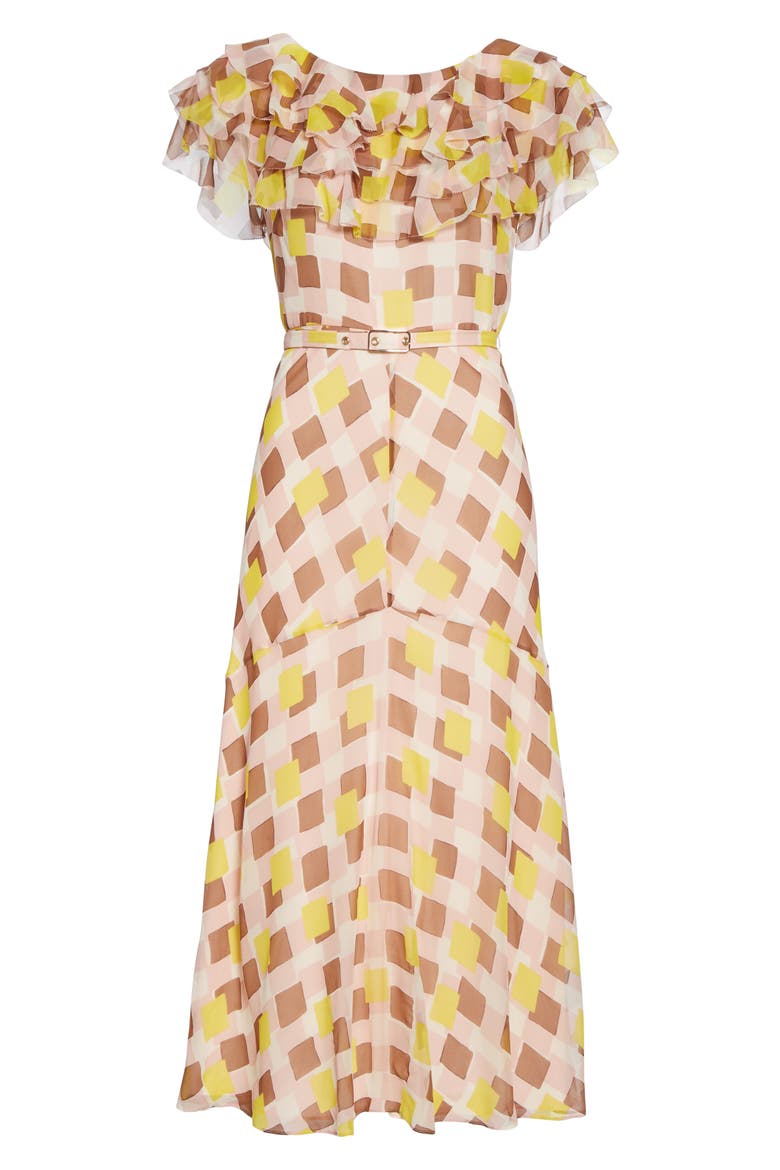 geo print ruffle silk midi dress, Alternate, color, STRAWBERRY MOCHI