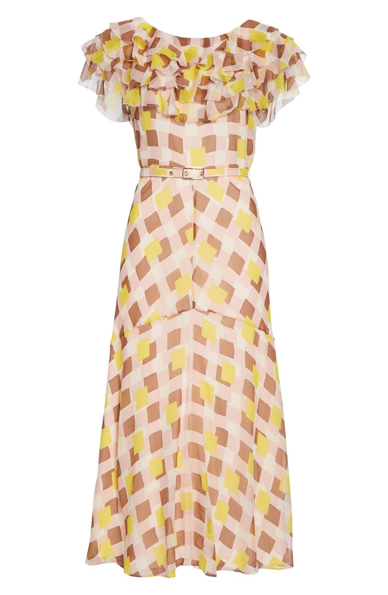 Kate Spade New York geo print ruffle silk midi dress, Alternate, color,