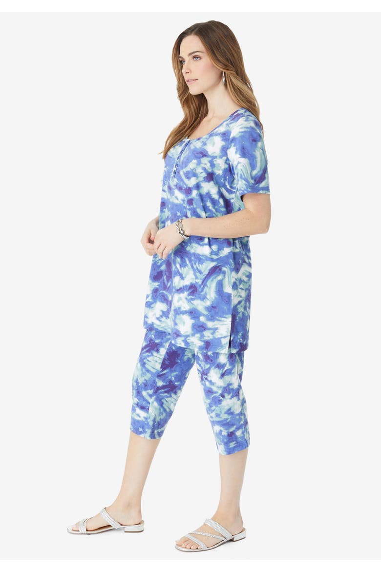 Plus Size 2-Piece Printed Henley Top And Capri Set, Alternate, color, BLACK HOT TROPICS