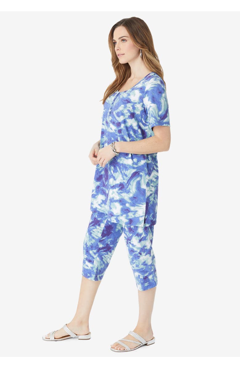 Roaman's Plus Size 2-Piece Printed Henley Top and Capri Set, Alternate, color,