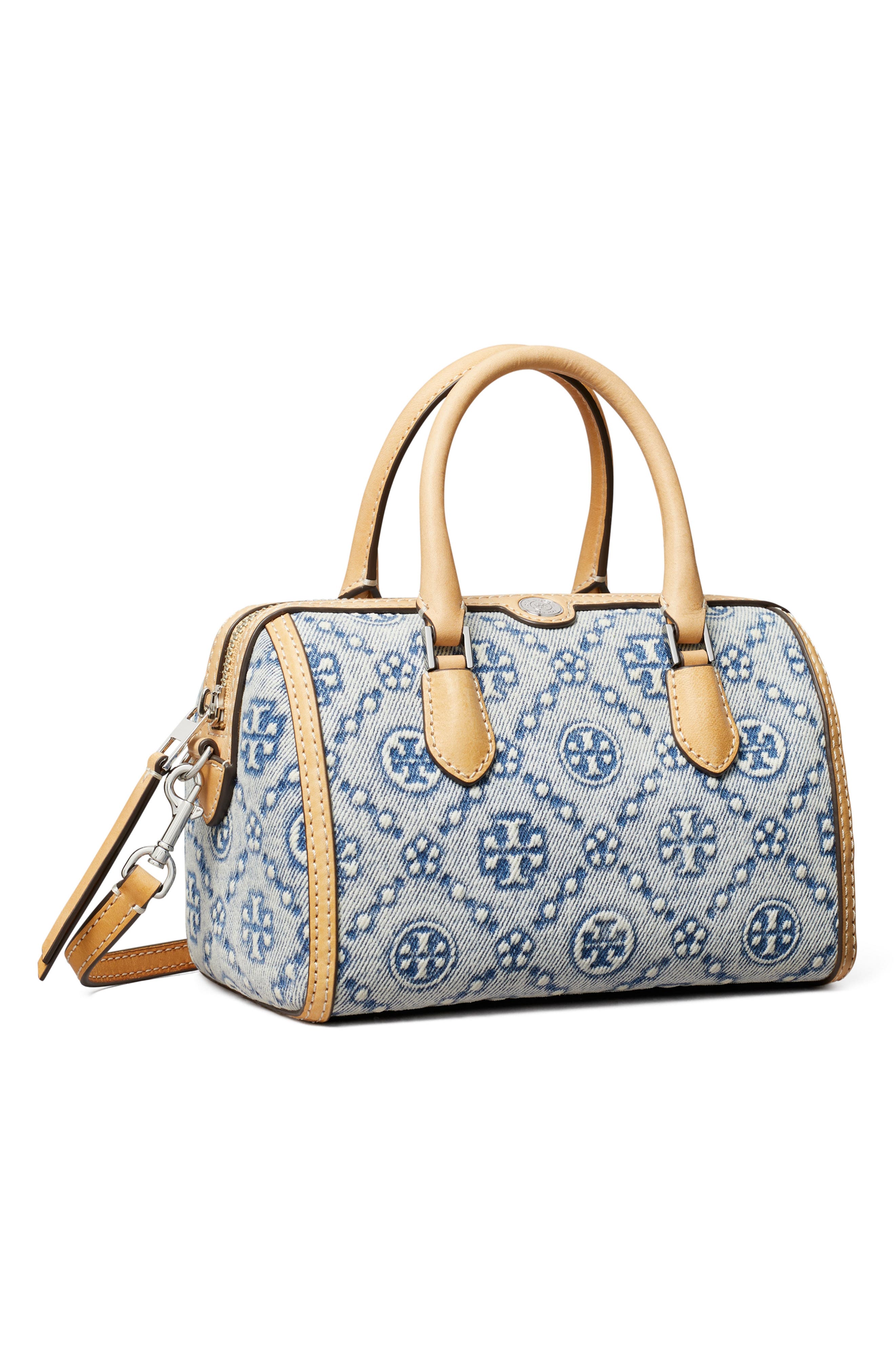 Tory Burch Petite T Monogram Jacquard Barrel Bag, Alternate, color, Powder Blue
