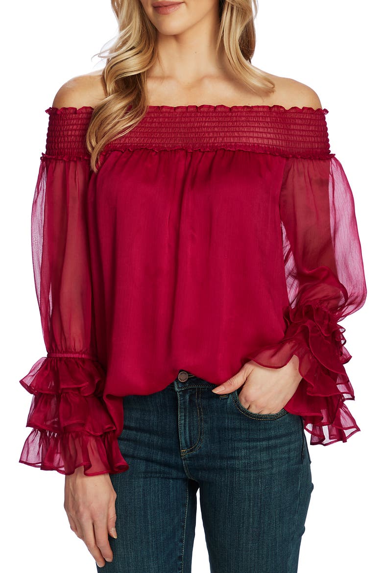 Off the Shoulder Ruffle Cuff Blouse, Main, color, PLUMERIA