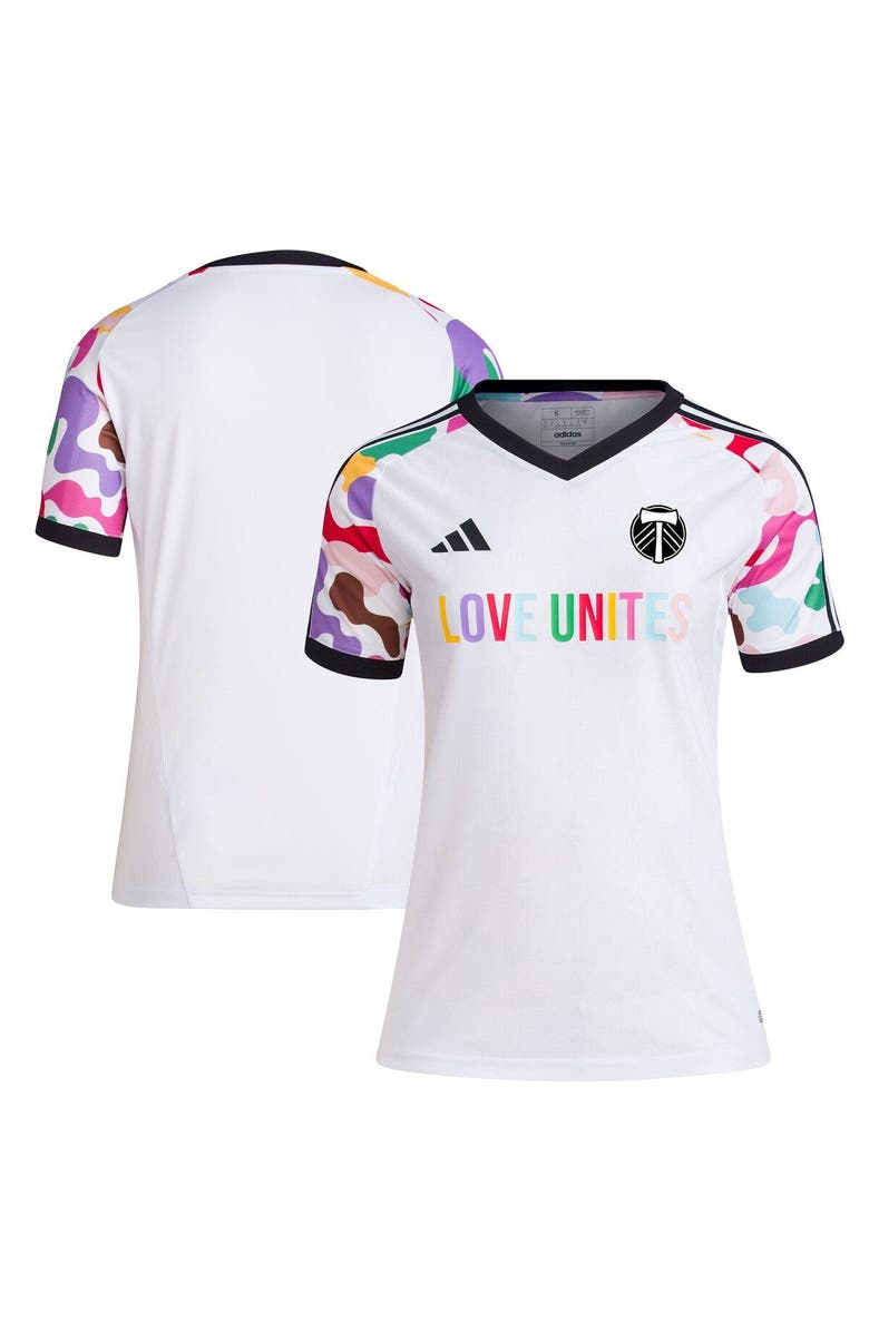 adidas Women's adidas White Portland Timbers 2023 Pride Pre-Match Top, Main, color, 