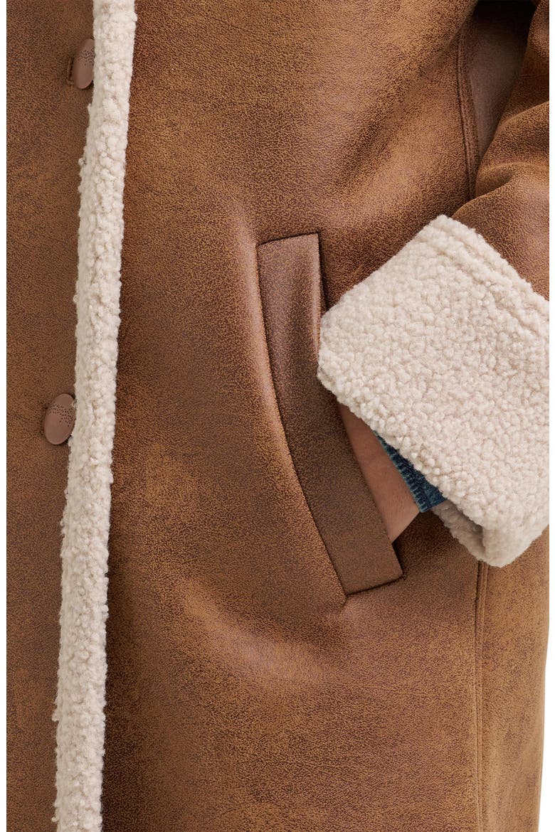 Faux Leather Coat with Faux Shearling Trim, Alternate, color, MEDIUM BROWN