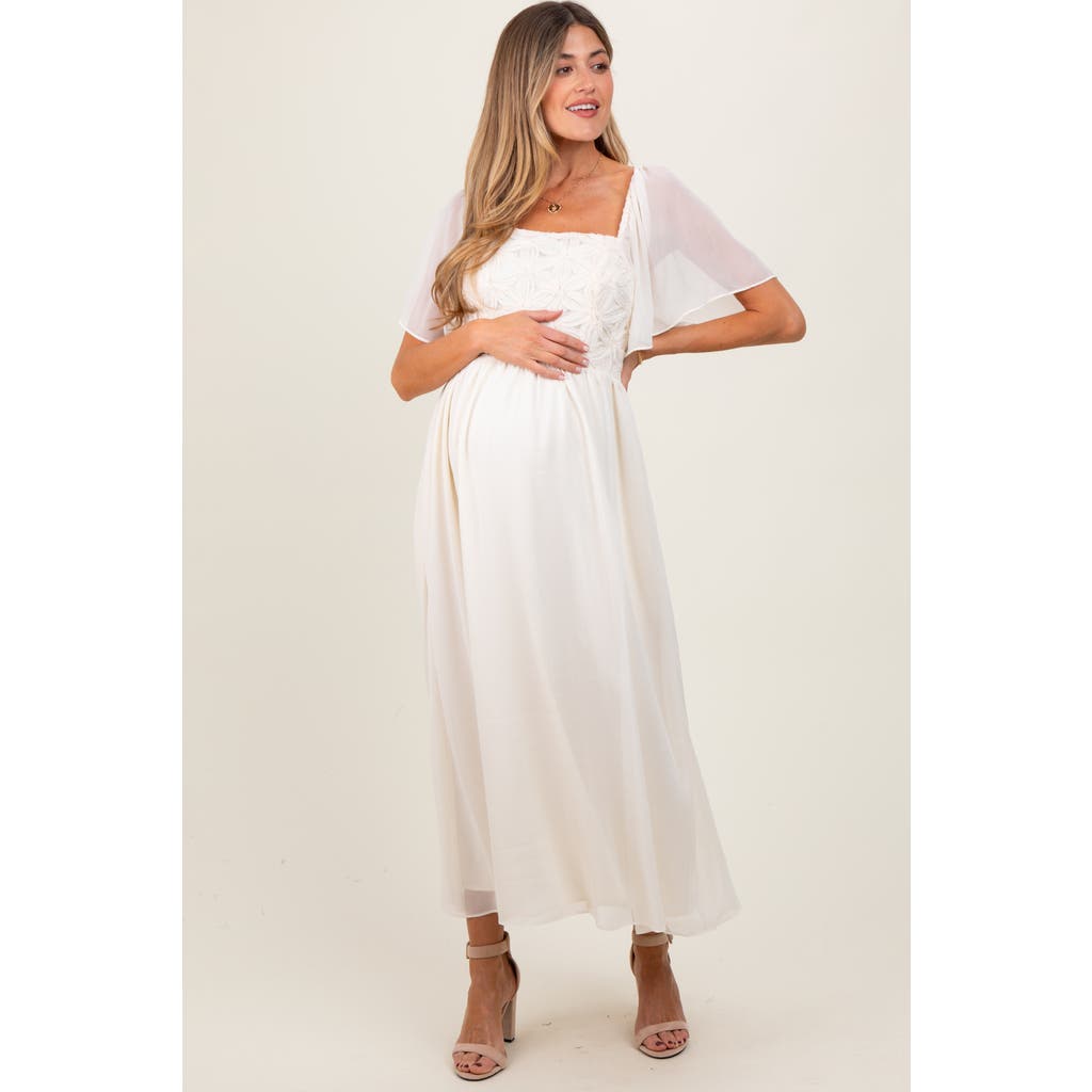 Pinkblush Floral Applique Flutter Sleeved Midi Dress In White
