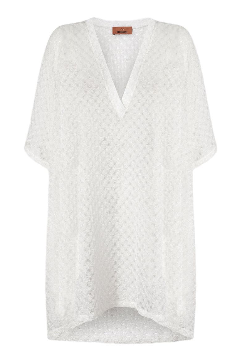 Short Caftan Cover-up In Lamé Viscose With Raschel Workmanship, Alternate, color, White