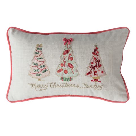"Merry Christmas Darling" Printed Lumbar Pillow with Christmas Trees, Embroidery, Piping and Velvet Back, Multicolor